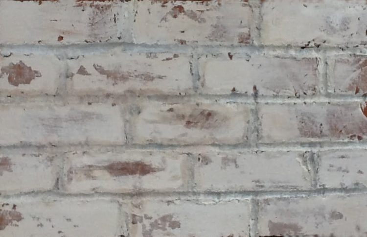 A brick slip panel of bricks that are  tumbled and partially painted white. Some of the red clay is showing through the painted slips. The panel is pointed in a mid grey mortar