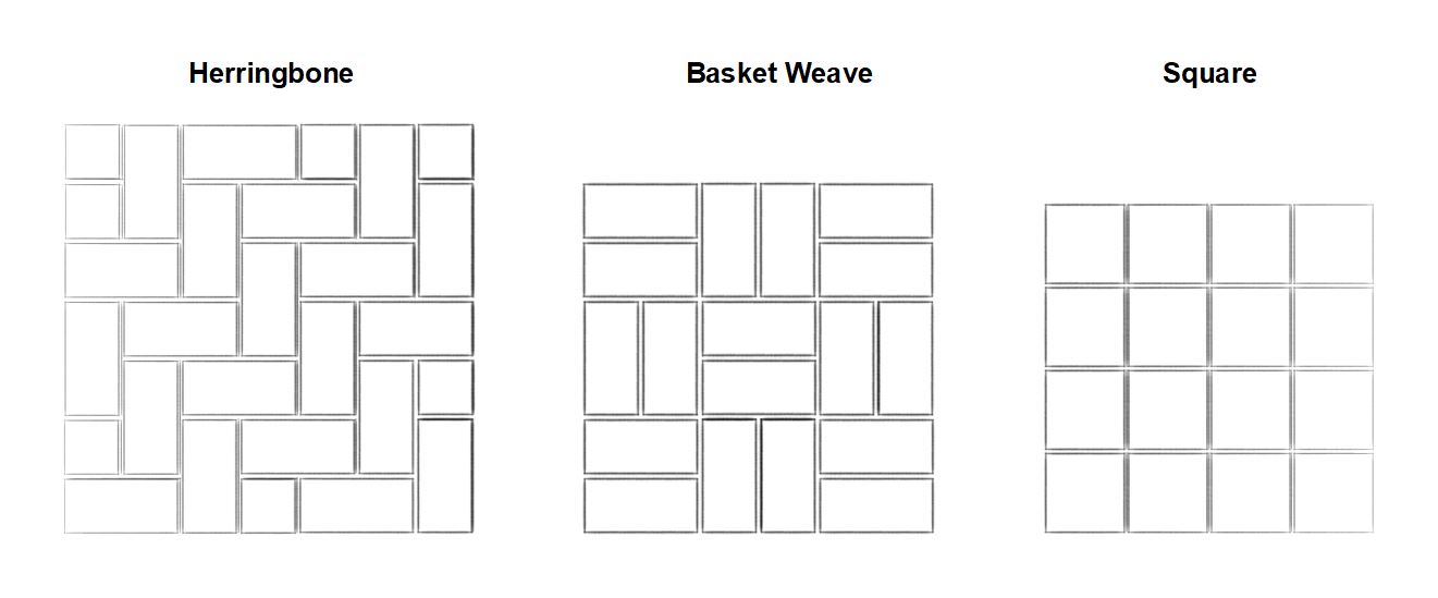 An image of three types of quarry tile laying patterns: Herringbone, Basket Weave and Square